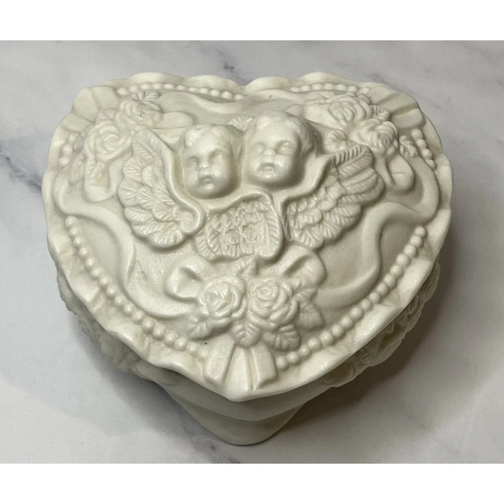 Vintage White Porcelain Bisque Cherub Angel Heart Roses Trinket Vanity Box